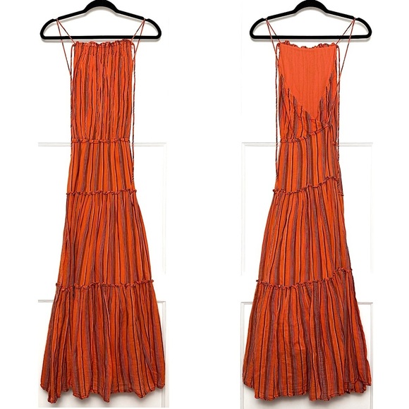 ULLA JOHNSON Cotton Stripe Sleeveless Halter Neck Open Back Tier Ruffle Dress 10 - Picture 10 of 14